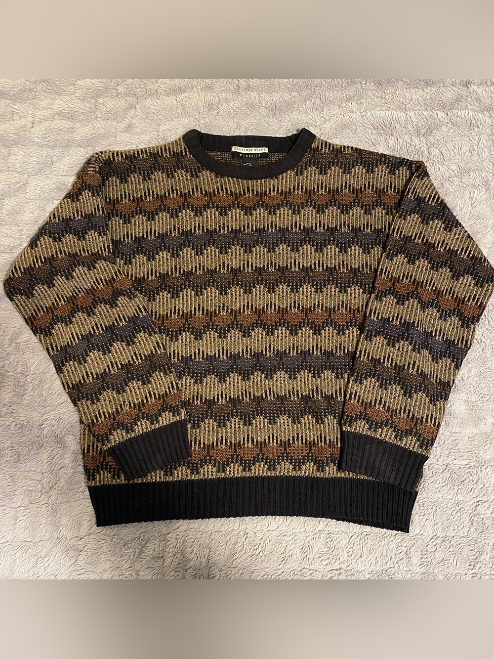 Geoffrey Beene Crewneck Sweater in Brown, Black and Tan Geo Knit